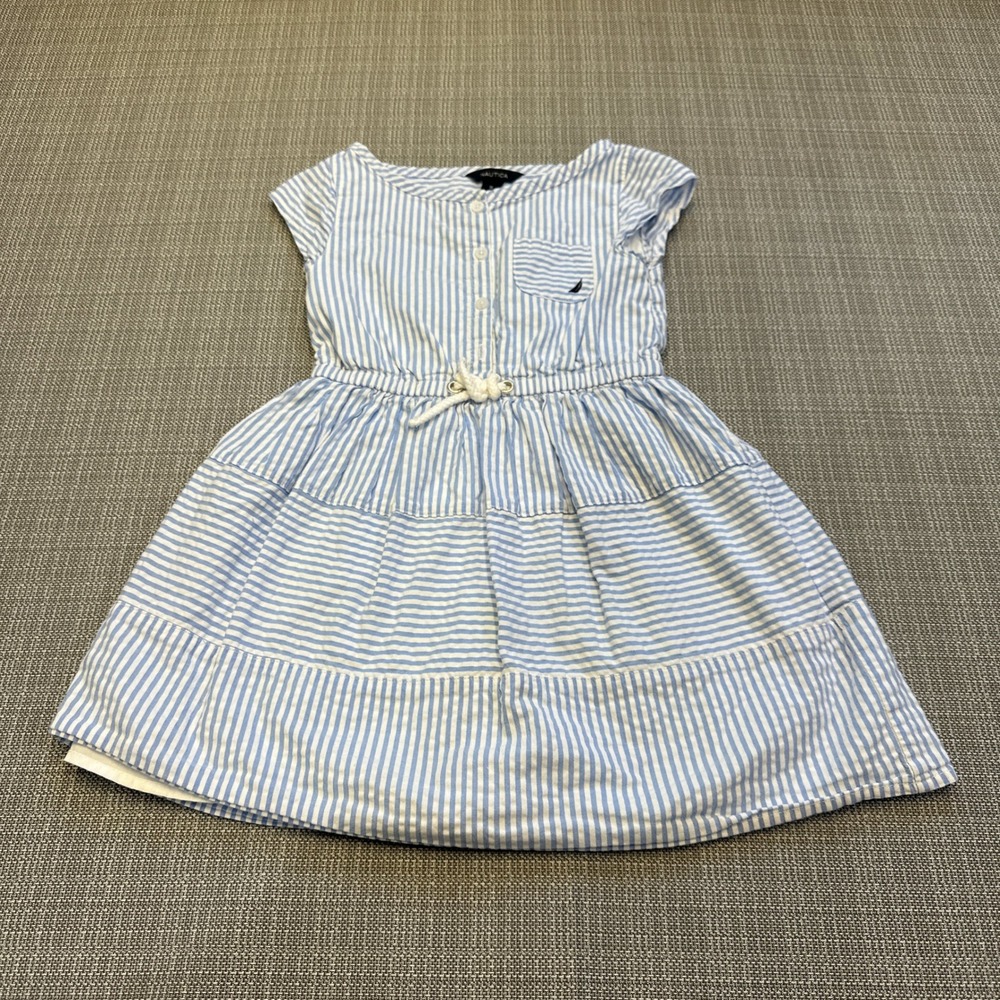 Nautica Girls Dress‎ Size 5 Blue White Striped Cotton Seersucker Lined Summer *